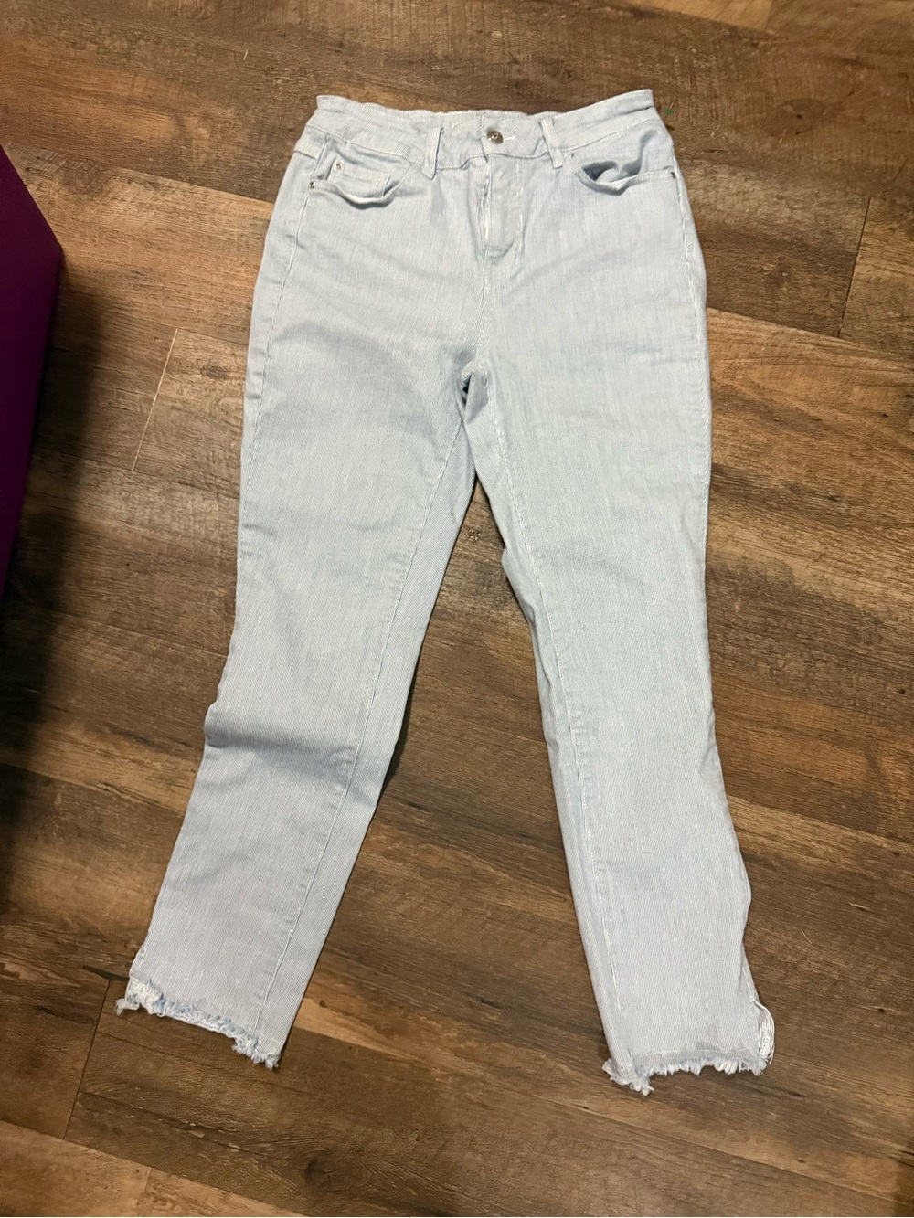 Light Blue pinstriped High-Rise Women's Jeans with Raw Hem